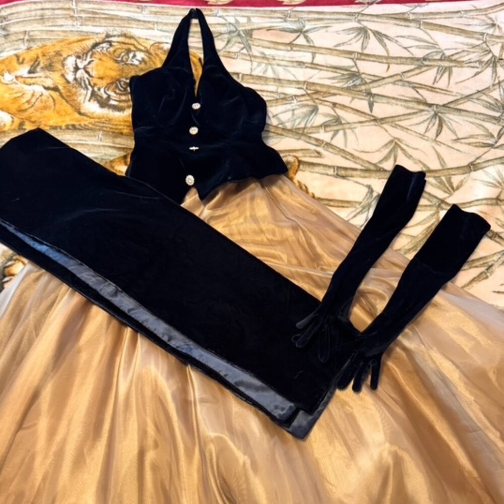 Dave&Johnny Gold and  Black Gown/Dress With Black Gloves and Black Shawl
